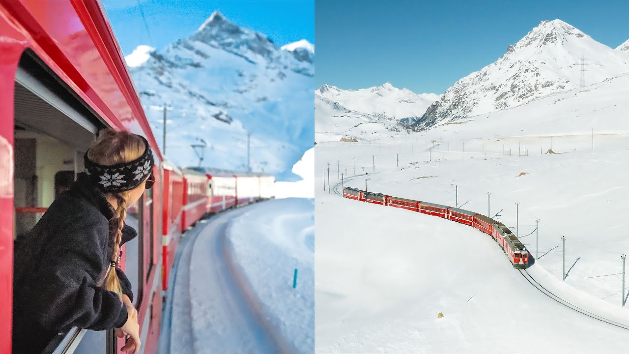 Red Bernina Express train travelling through snow-covered Swiss Alps