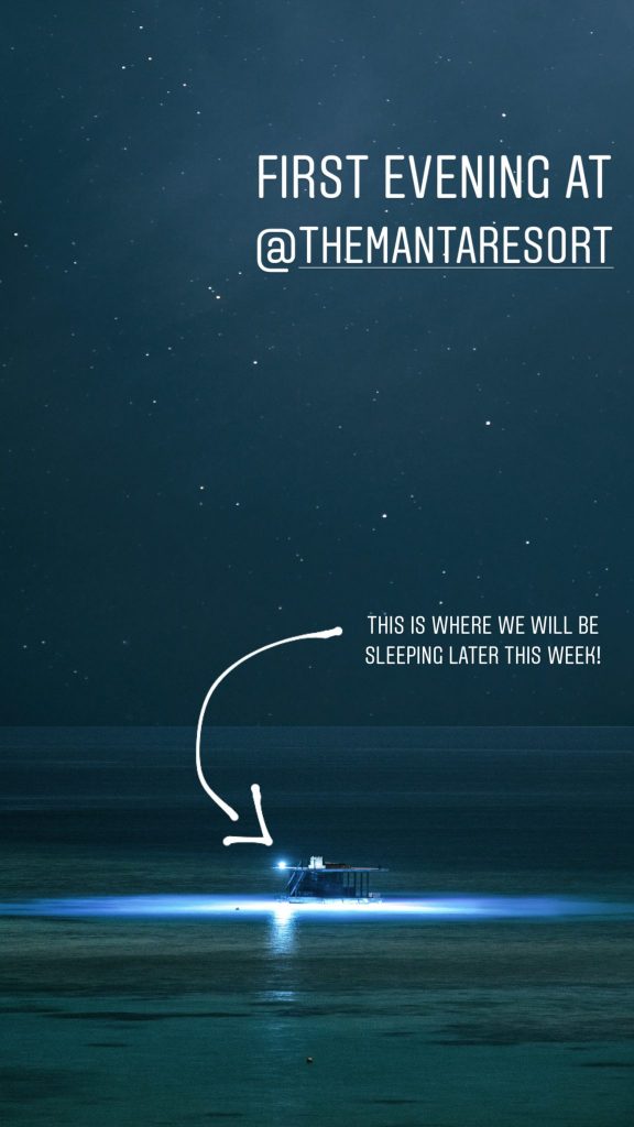 Story graphic announcing a first night at The Manta Resort underwater room
