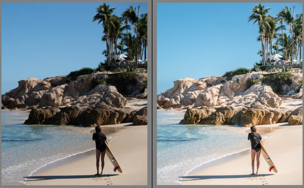 Tropical beach paddleboard scene shown before and after editing