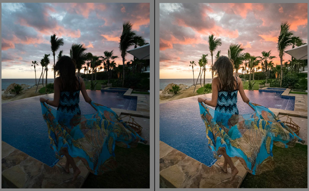 Poolside sunset portrait shown before and after a preset adjustment
