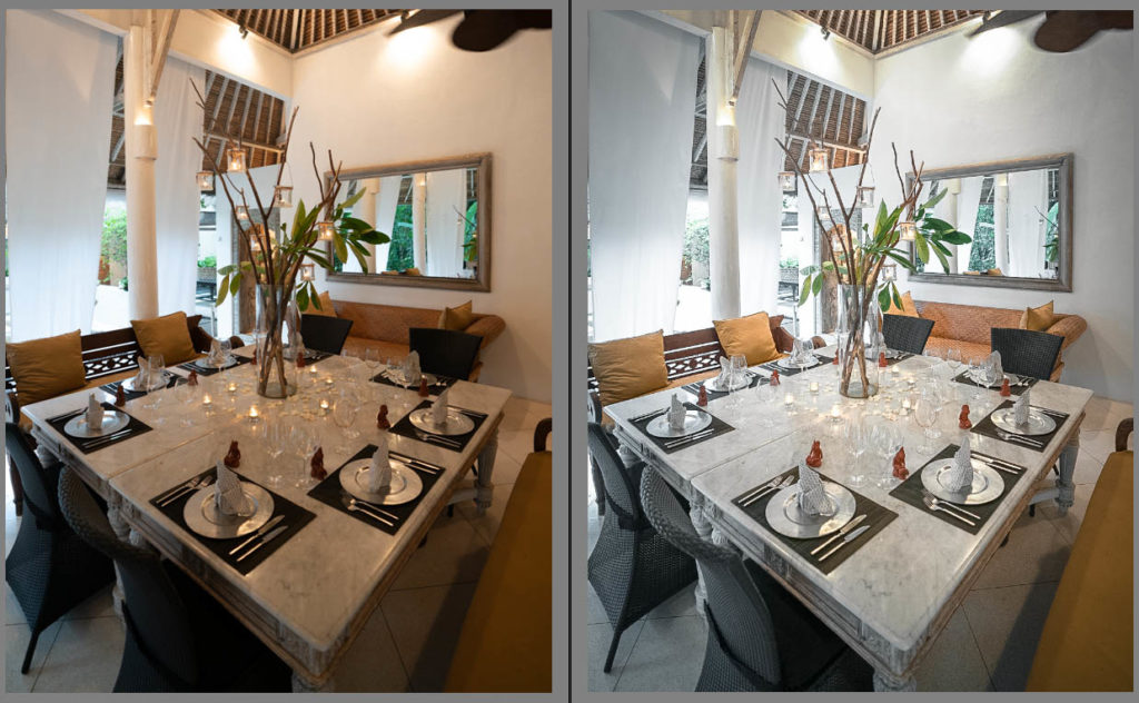 Tropical villa dining area shown before and after color adjustment