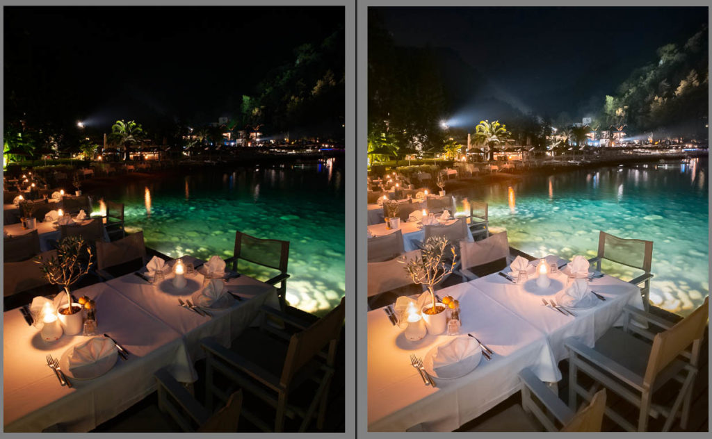 Poolside restaurant shown before and after a preset adjustment