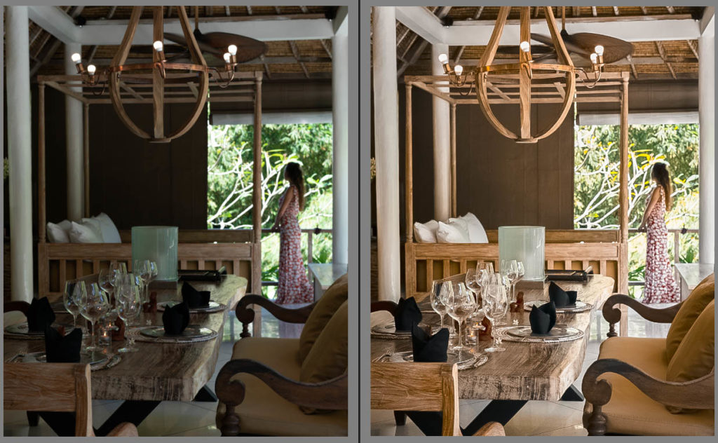 Luxury dining room shown before and after a preset adjustment