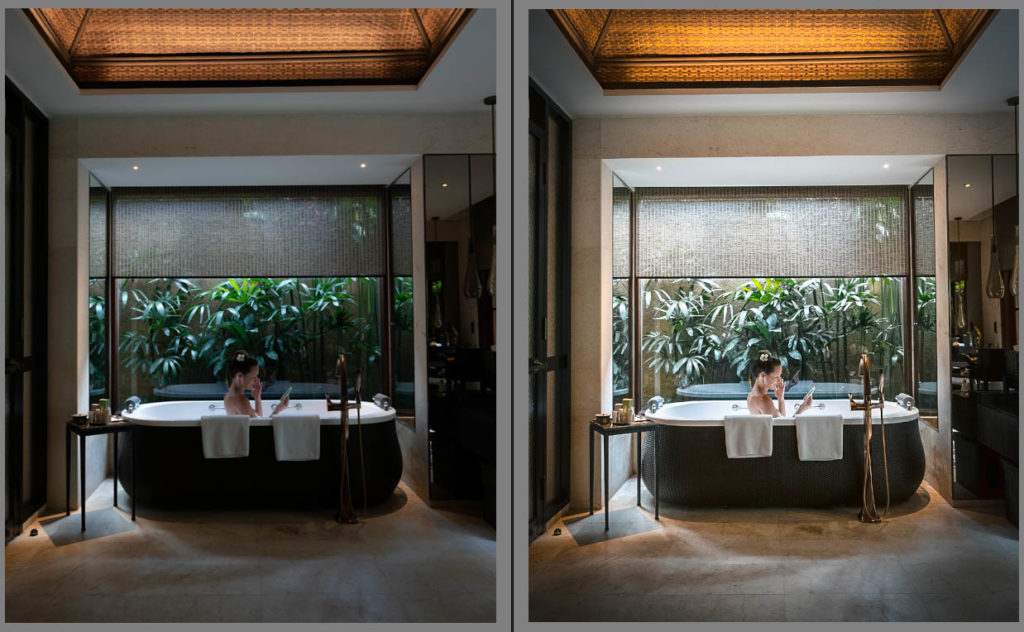 Freestanding hotel bath shown before and after color adjustment