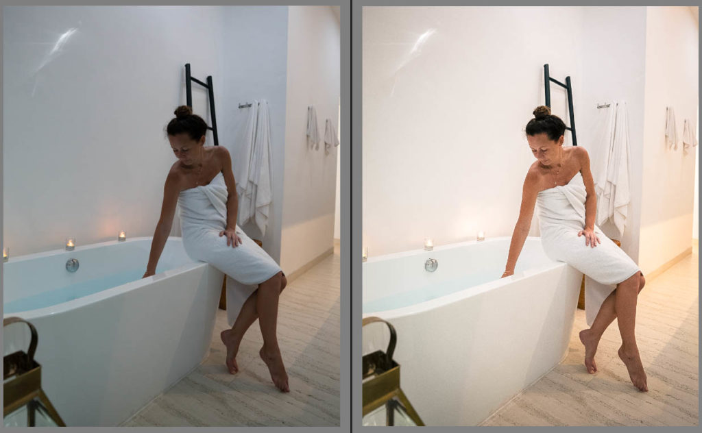 Woman beside a modern bathtub in a before-and-after preset comparison