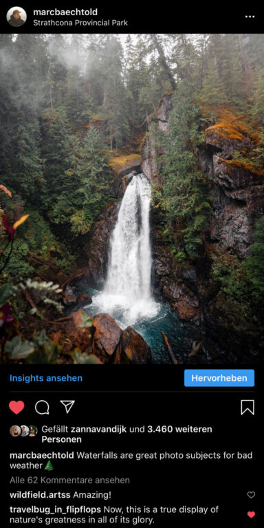 Instagram post showing a forest waterfall in Strathcona Provincial Park