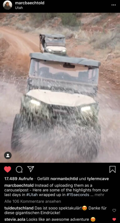 Instagram post showing off-road vehicles on a desert track in Utah