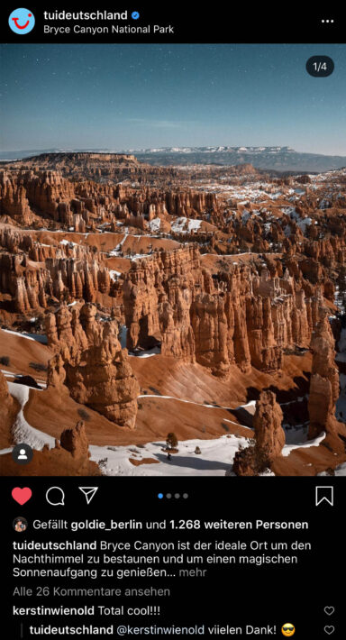 TUI Deutschland Instagram post showing Bryce Canyon in winter