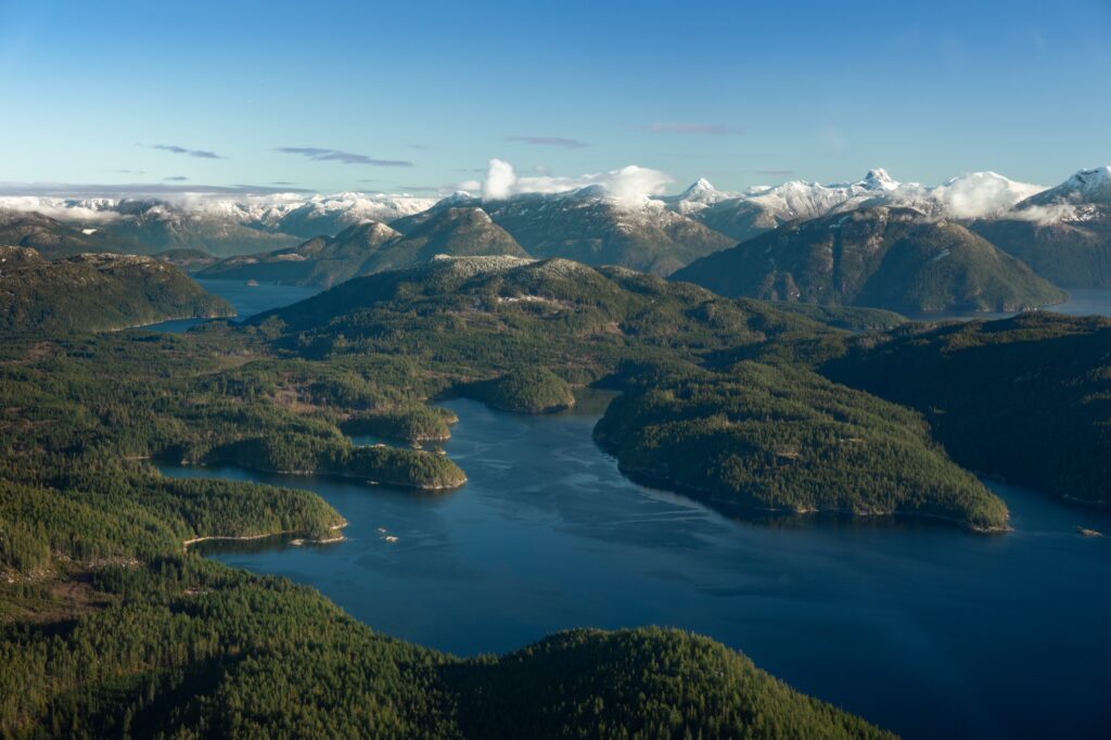 Aerial view of the coastal islands near Campbell River from a helicopter