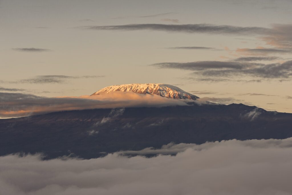 Mount Kilimanjaro rising above a band of clouds at sunrise