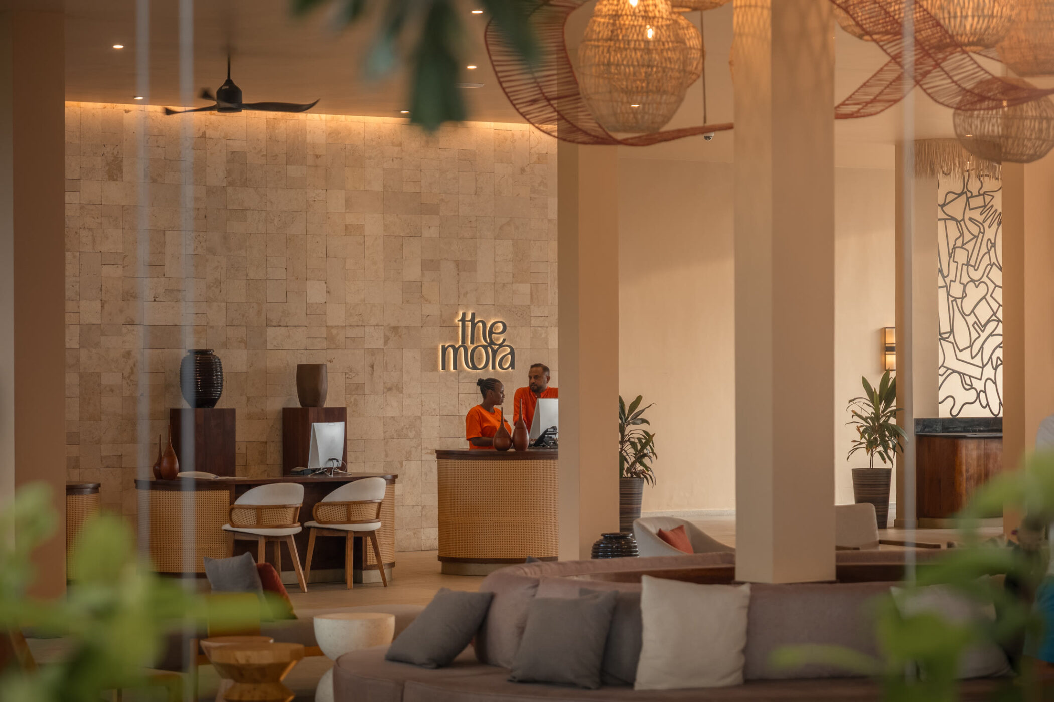 The Mora Zanzibar reception and welcome area with local woven lighting