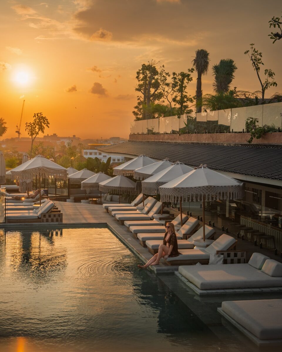 TUI BLUE Berawa pool and palms in Bali at sunset