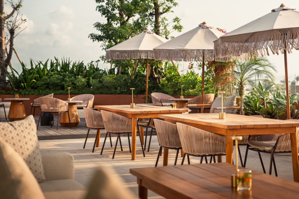 Terrace restaurant set for dining at a Bali hotel