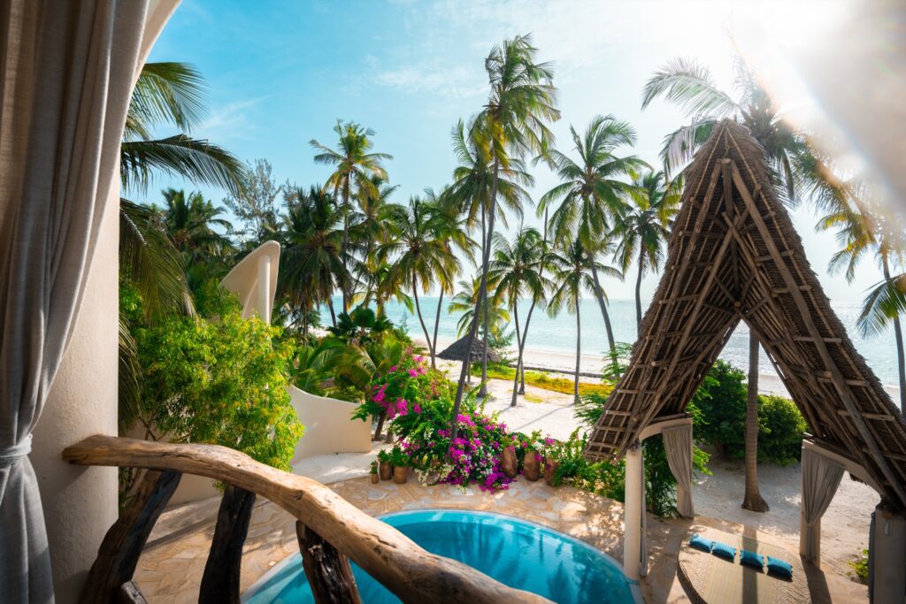 Upper balcony with ocean view at Villa Nyota in Zanzibar